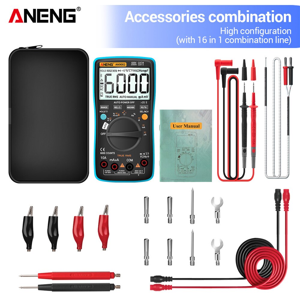 Aneng AN9002 Bluetooth Digitale Multimeter 6000 Telt Professionele Multimetrotrue Rms Ac/Dc Stroom Spanning Tester Auto-Range: AN9002 Blue  Pro