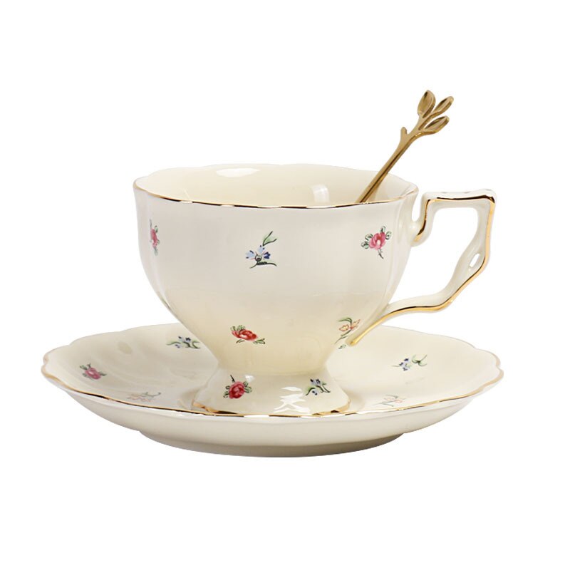 European Coffee Cup and Plate Set Ceramic British Gold Rim Teaware French Fancy Restaurant Afternoon Tea Cup with Saucer Spoon