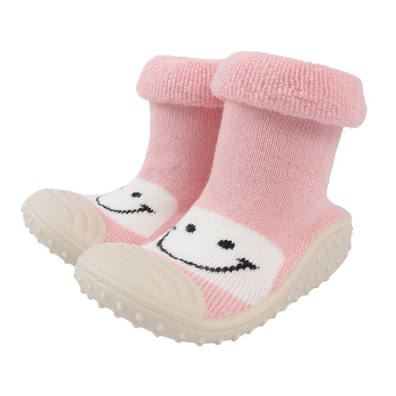 Baby Sokken Met Stap Sok baby Peuter Sokken Baby Rubber gezicht stappen Anti-slip glimlach Lederen Zolen Indoor Vloer schoenen: Roze / 24M