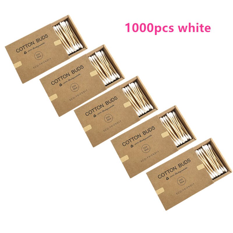 Boîte de coton tiges en bambou, emballage carton qui contient 1000 bâtonnets en bois, double embout, pour le soin des oreilles et du nez, accessoire de maquillage: 1000Pcs white