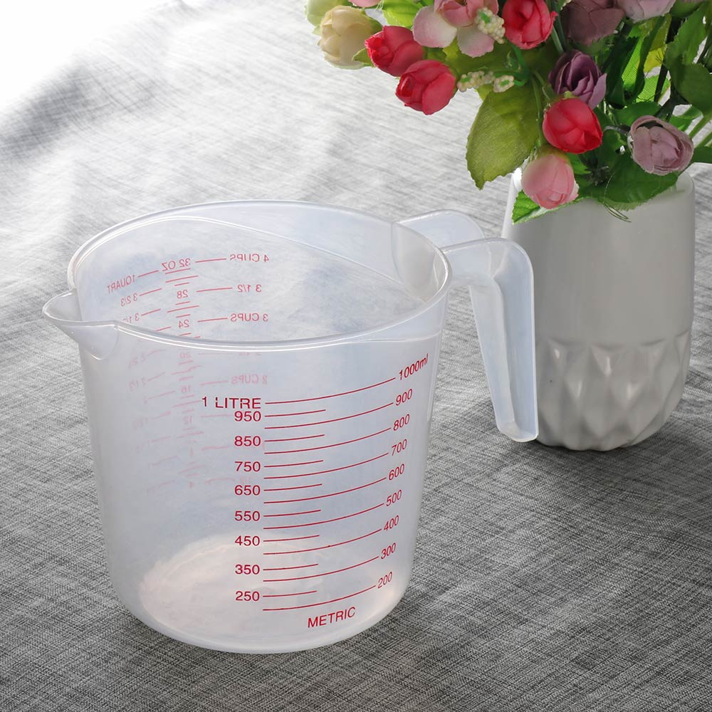 Kirkas muovi 1l mittakannu kuppi kahva ruoanlaitto haukku keittiölaboratorio 1000ml astia mitoitettu kannu tarkka