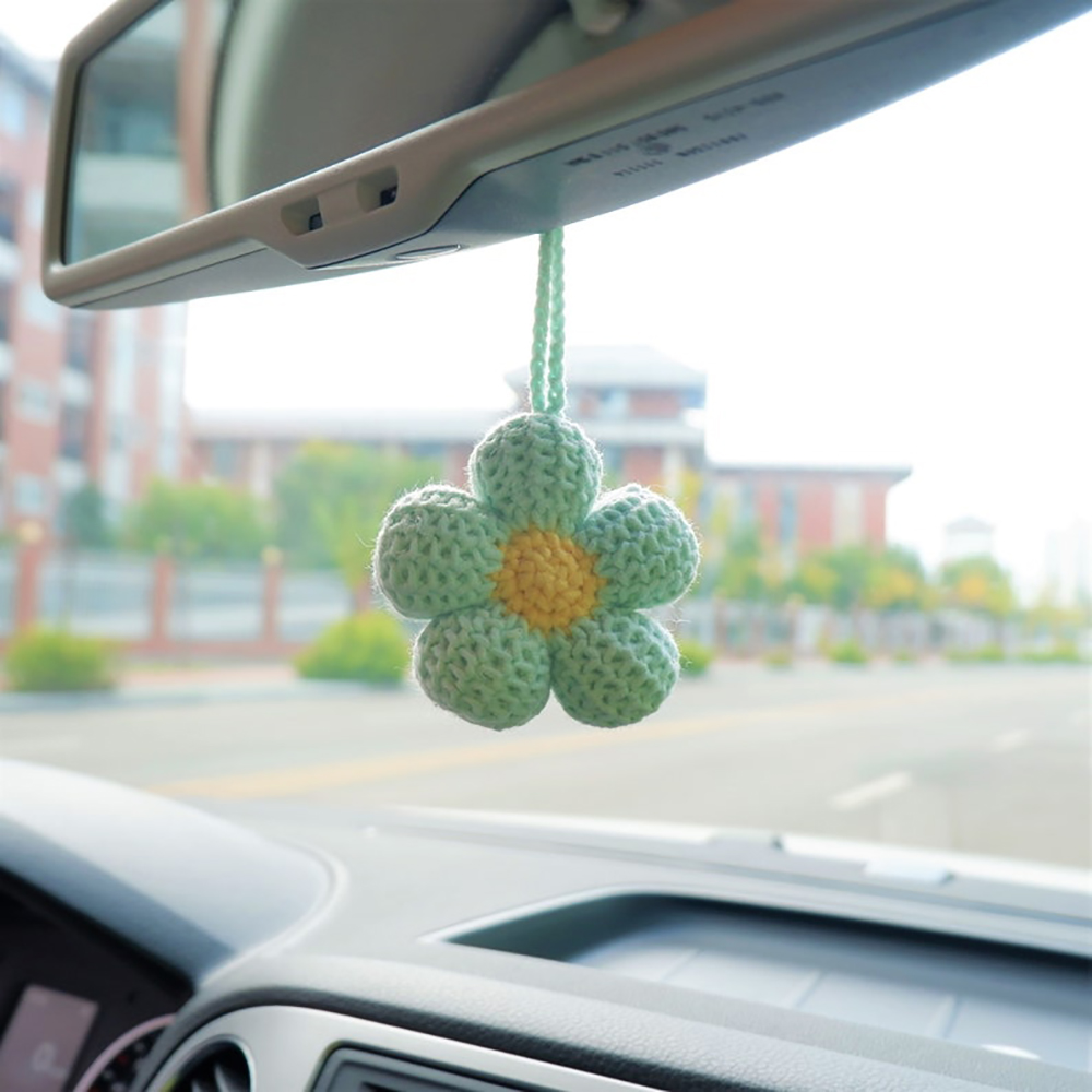 Accesorios colgantes para espejo de coche con flor de gofre Kawaii, accesorios para espejo retrovisor de coche con flores de ganchillo, colgante para espejo de coche D: green