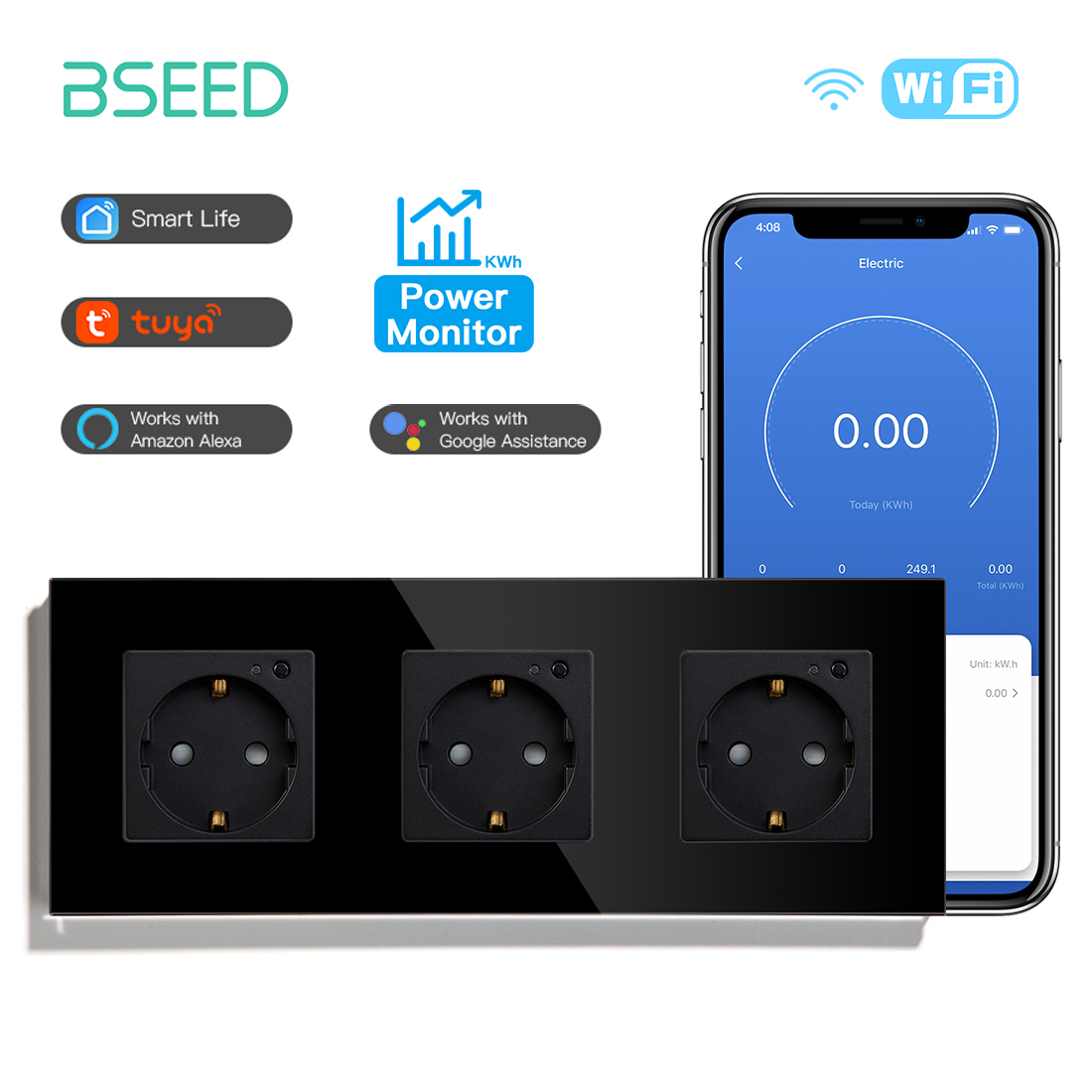 BSEED EU Wall Socket Tuya Smart Socket Wifi Electrical Outlets Power Monitor Google Smart Life Alexa Voice Control Glass Panel: Type 19