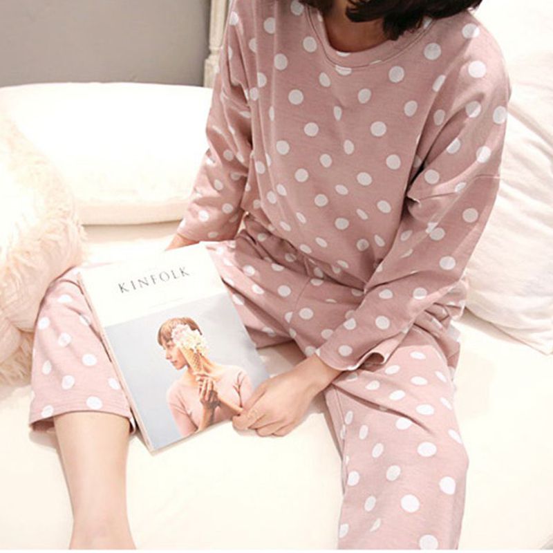 Women Sleepwear Ladies Cute Autumn Cute Polka Dot Print Long Sleeve Pyjamas Set Top Trousers Pajamas M-2XL: L