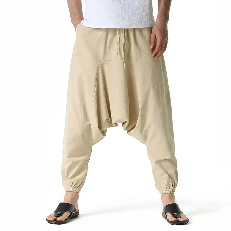 Herren-Haremshose mit tiefem Schritt, japanische Streetwear, individuelles , Trainingshose, knöchellang, lässig, übergroße Herrenhose: XXL / Kakifarbig