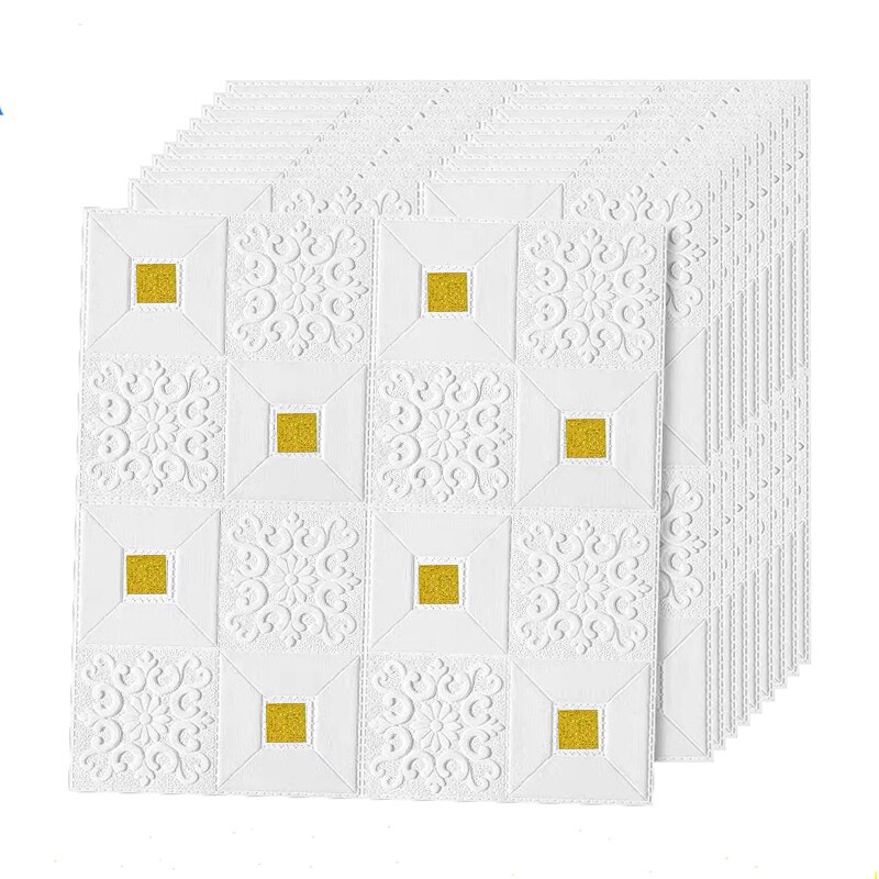 10 kpl 3d stereoseinätarraa itseliimautuva katto koristetarra olohuone makuuhuone vedenpitävä tapetti vaahtotapetti: Valkoinen kulta / 70 x 70 cmx 5 kpl