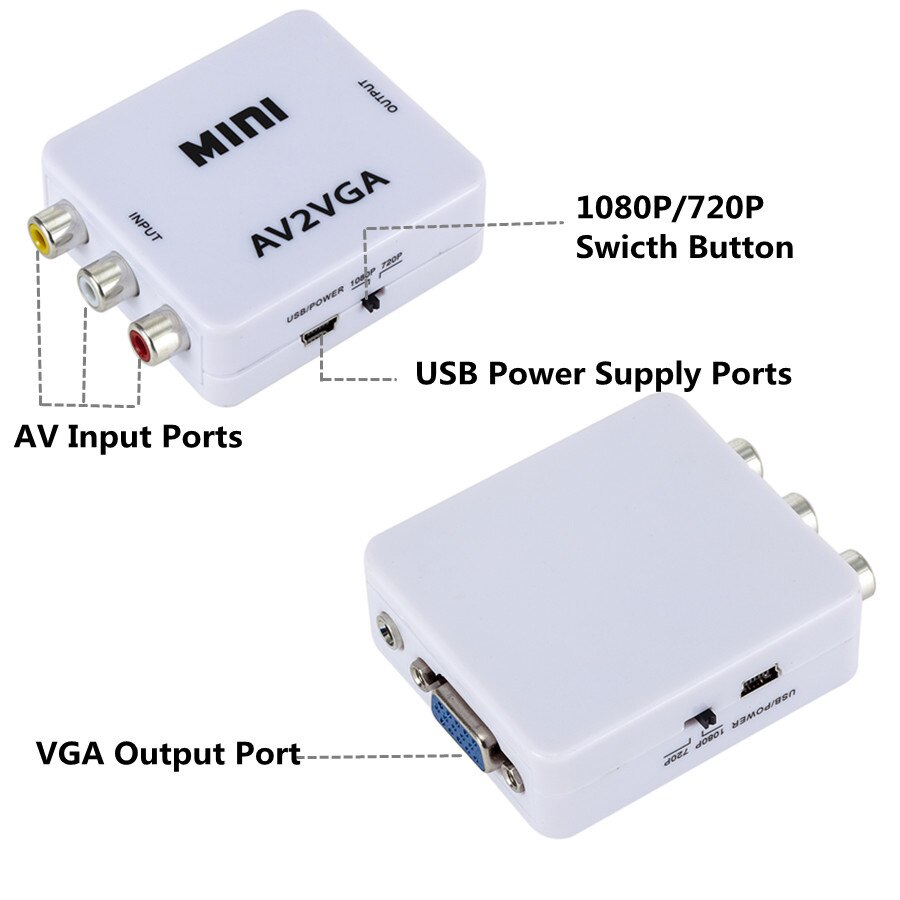 Convertidor Mini RCA a VGA, convertidor AV2VGA con Audio de 3,5mm, convertidor de vídeo RCA a VGA para PC a TV, ordenador HD a TV, AV a VGA