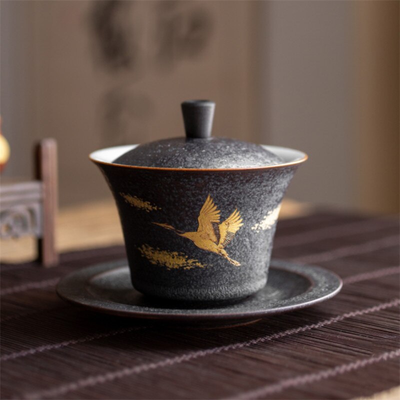 Keramisk gaiwan kontor tekop håndlavet kung fu terrin kinesisk te skål med låg og underkop vand krus te sæt drinkware: -en