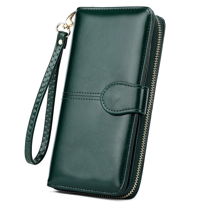 VICUNA POLO Brand Waxy Oil Leather Card Holder Wallet For Women Large Capacity Travel Ladies Wallet Clutch Wristlet Wallets: Green