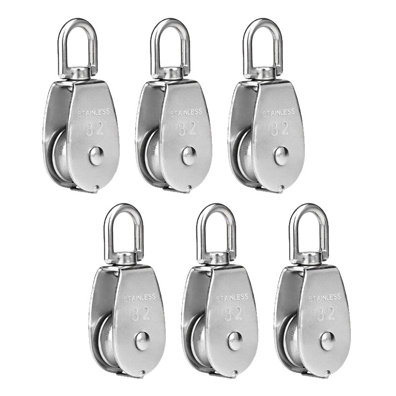 6 Pack M32 Lifting Enkele Katrol Roller 304 Rvs Heavy Duty Single Wheel Swivel Lifting Touw Katrol Blok