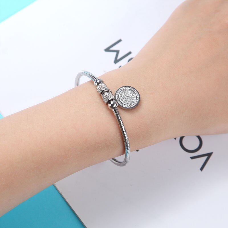 Beautiful Full Zircon Circle Charm Bracelet Bangle For Women Stainless Steel Magnet Clasp With Snake Chain Gold Plating Bangle