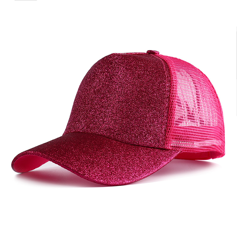 Gorra de béisbol con cola de caballo alta y purpurina para mujer, gorra Snapback informal de malla negra, blanca y rosa, Gorras de camionero para mujer 2023: Rojo rosado