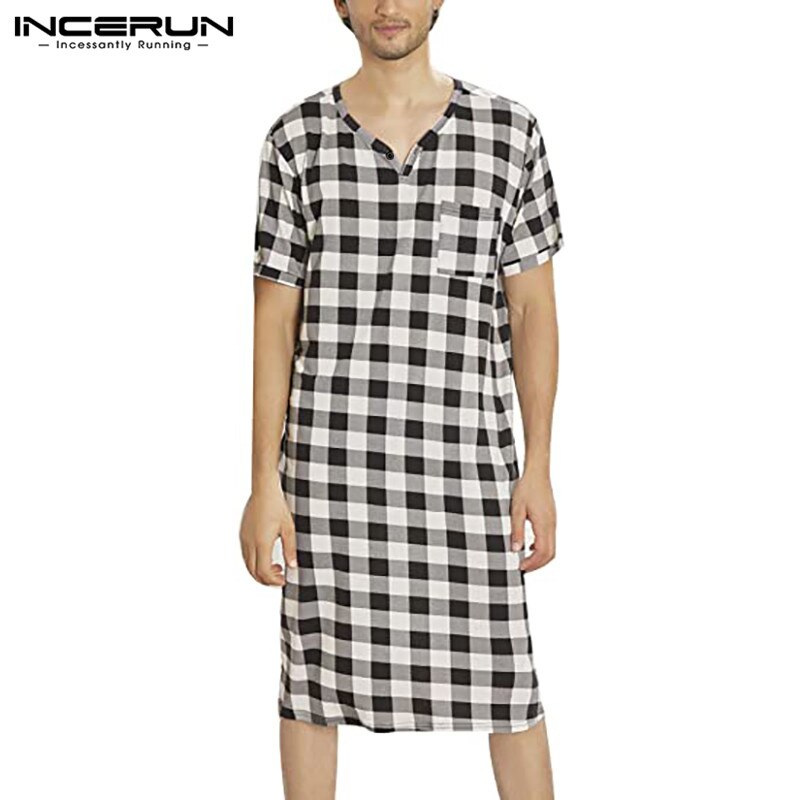 INCERUN Men Plaid Robes Homewear V Neck Short Sleeve Comfortable Leisure Nightgown Summer Soft Sleepwear Men Bathrobes S-5XL 7