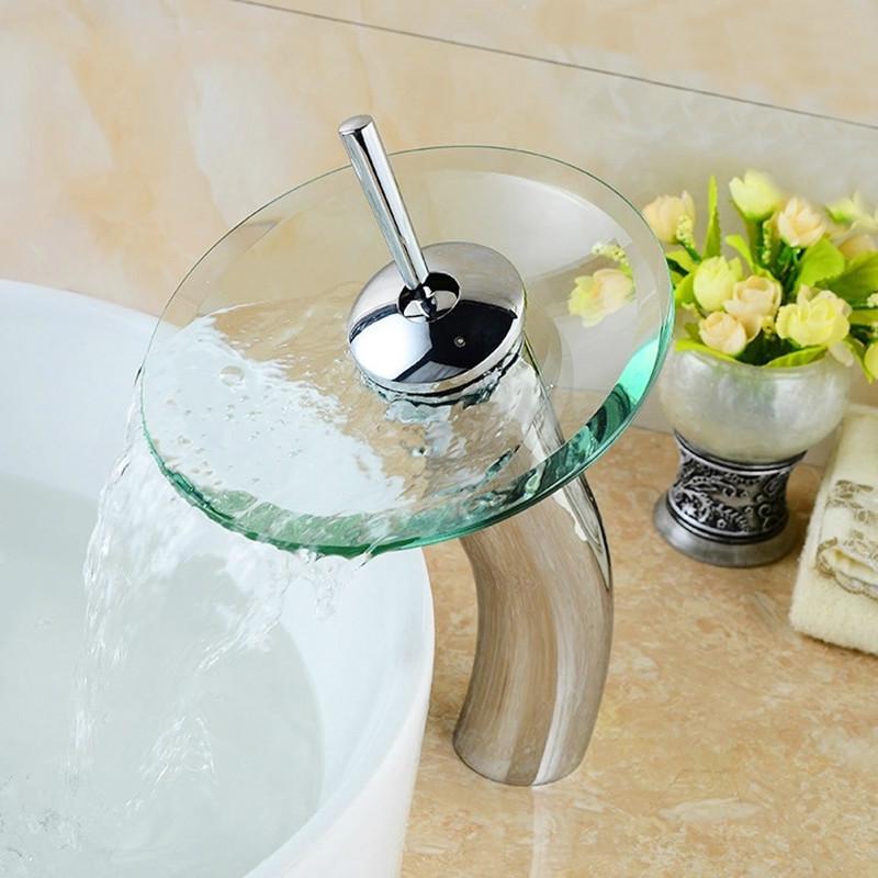 Svampeformet langhalset glas badeværelse vandfald vandhane. gennemsigtig beholder vandhane. badekar håndvask håndvaskarmatur
