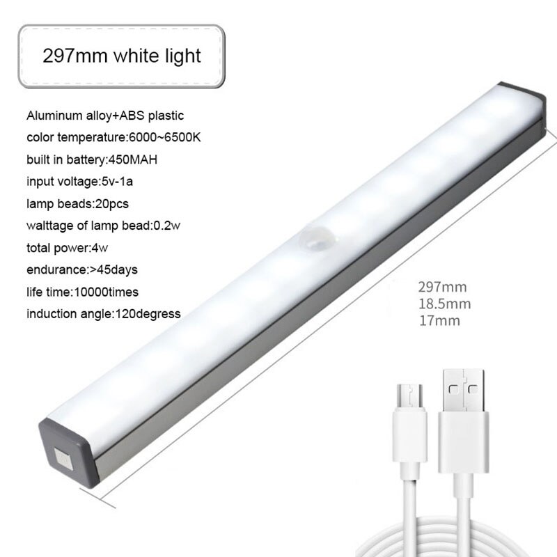 Intelligente Led Lichaam Sensing Lamp Kinderen Diy Magnetische Absorptie Gratis Bedrading Usb Opladen Smart Home Strip Verlichting: 297mm-white light