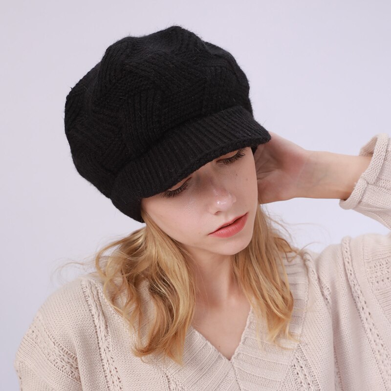 Women Winter Crochet Pure Color Hat Cap Velvet Faux Rabbit Fur Knitted Hat Brim Beret Cap Headwear For Women Girls: Black