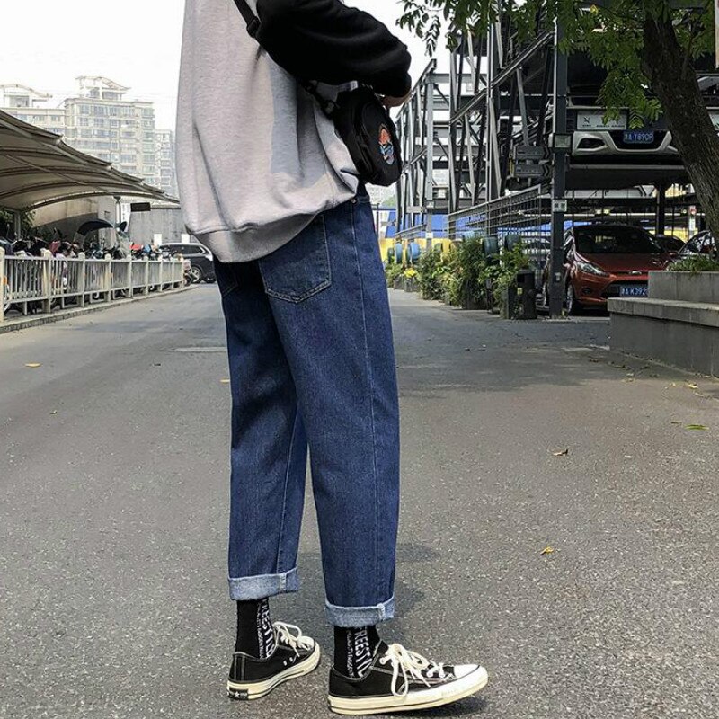 Menn jeans solid enkel rett all-match ankellange dongeribukser herre løs fritid trendy koreansk stil street-wear ulzzang