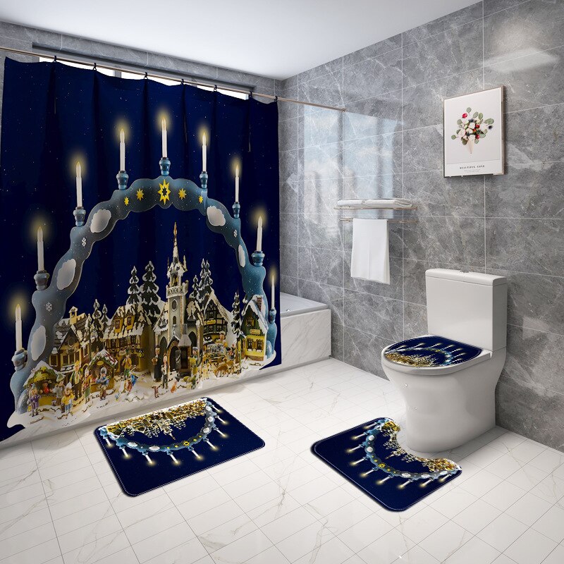 Julebademåtte og badeforhæng print badeforhæng gulvmåtte mikrofiber badeværelsesmåtte sæt vandtæt fodmåtte