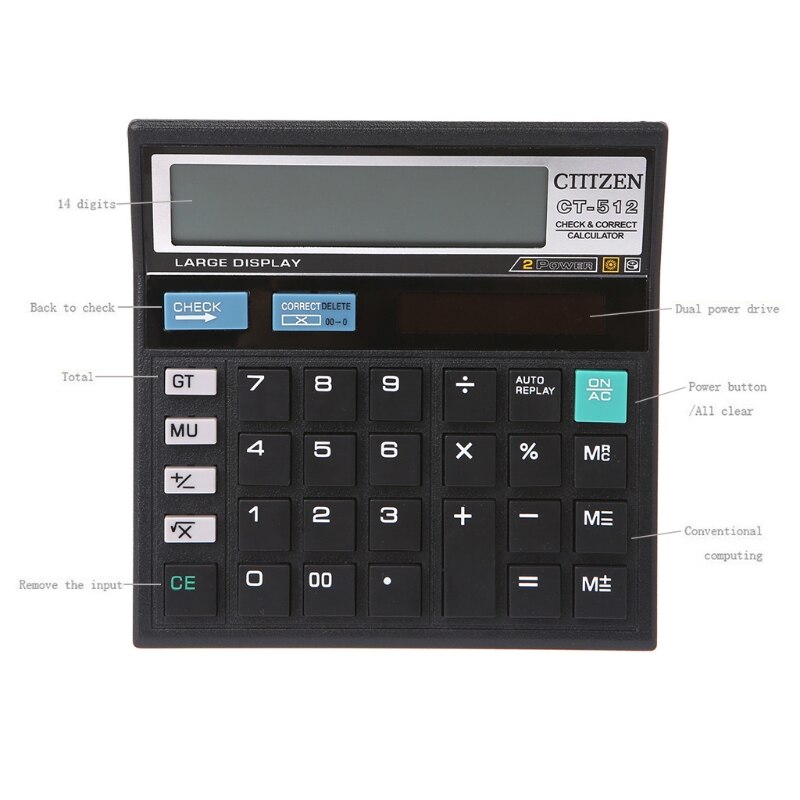 12-Digit Screen Solar Battery Solar Dual Power Electronic Calculator Large Display Office Desktop Calculator CT-512 for Home