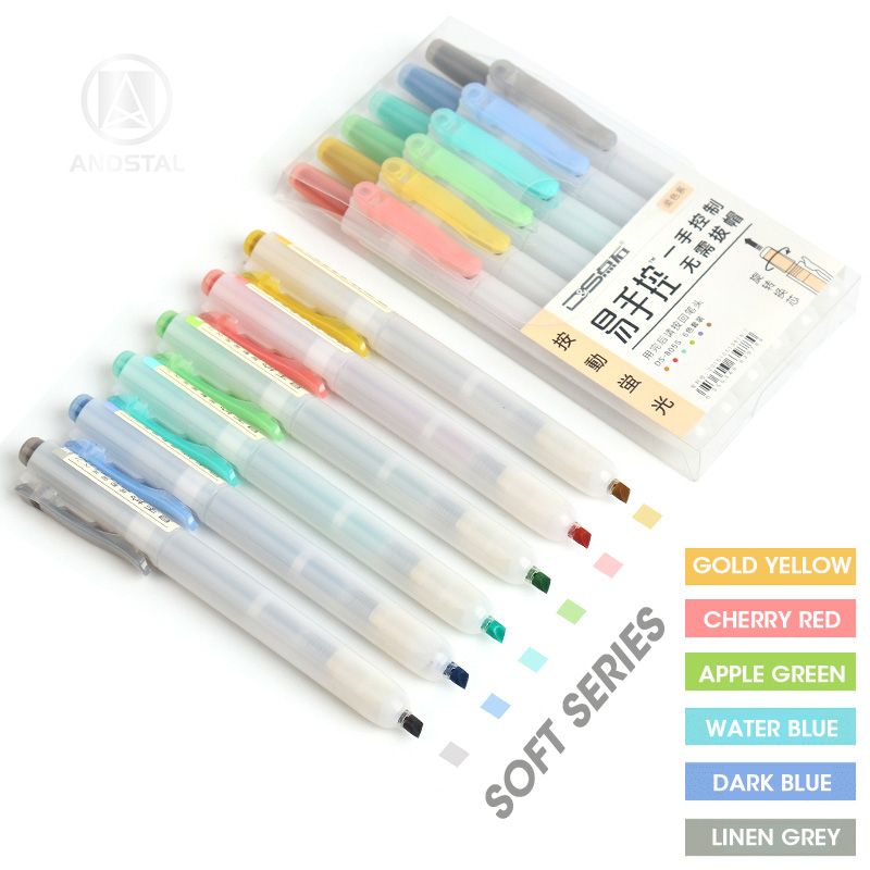 Andstal unik pastel / fluo / blød / retro udtrækkelig highlighter pen 6/12 stk fluorescerende farve til skolemarkør papirvarer kontor: 6 stk bløde farver