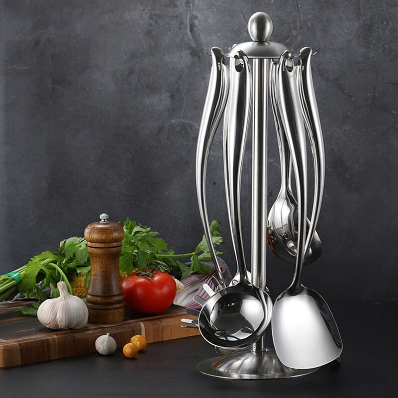 Kitchen Utensil Set - 6 Piece Stainless Steel Cooking Utensils With Rotating Holder Organizer (7PCS)