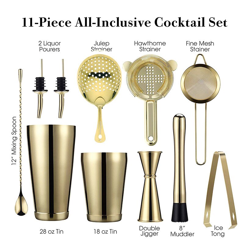 11-Piece Cocktail Shaker Bar Set Weighted Boston Cocktail Shakers, Strainers, Double Jigger, Muddler &amp; Spoon, Ice Tong Pourers: Gold
