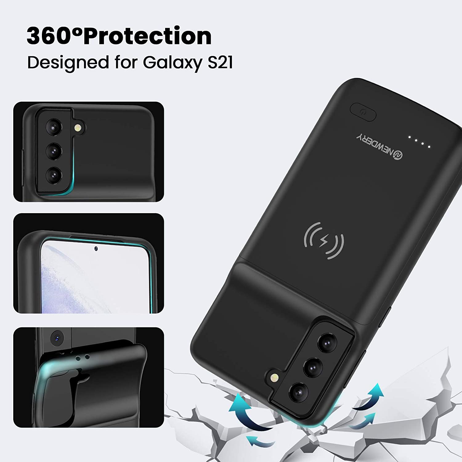 NEWDERY battery case for Galaxy S21 Battery Case Qi Wireless Charging Case, 4800mAh Extended Power Case Protective