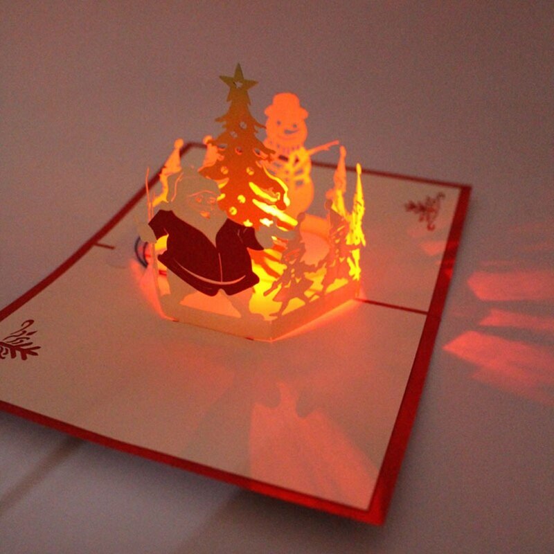 3D Paper-Cutting LED Christmas Greeting Card Card Handmade Pop Up Postcard Glowing Birthday Christmas Music Greeting Card