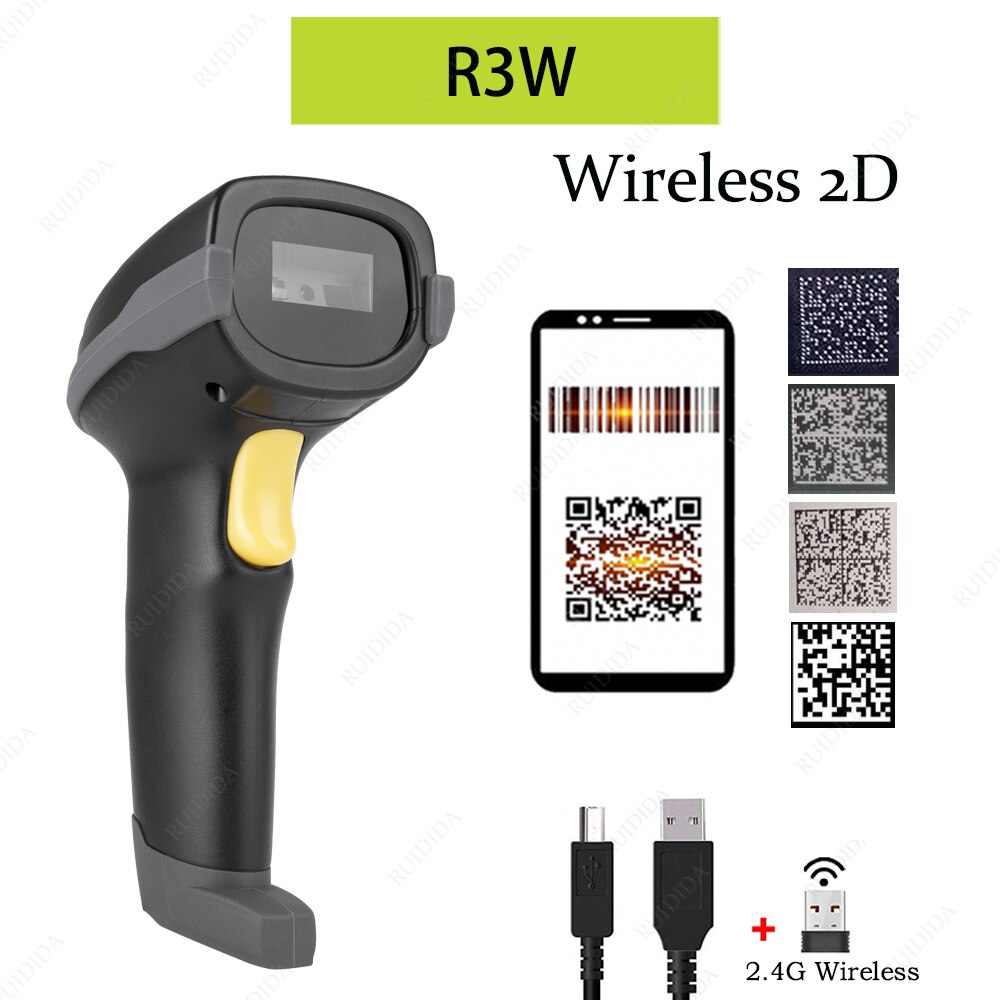 Scanner 2d Wireless with charging base qr Scanner Bluetooth Barcode Reader Code Bar Scanner Handheld Wireless Barcod PDF DM code: R3W   Wireless 2D