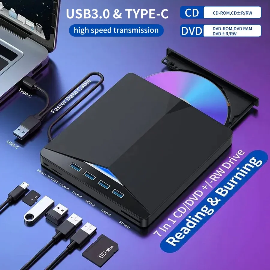 7-- in- -1 usb 3.0 type-c external dvd/cd rw drive, tray-style dvd burner/reader/player, suitable for desktop computers and laptops