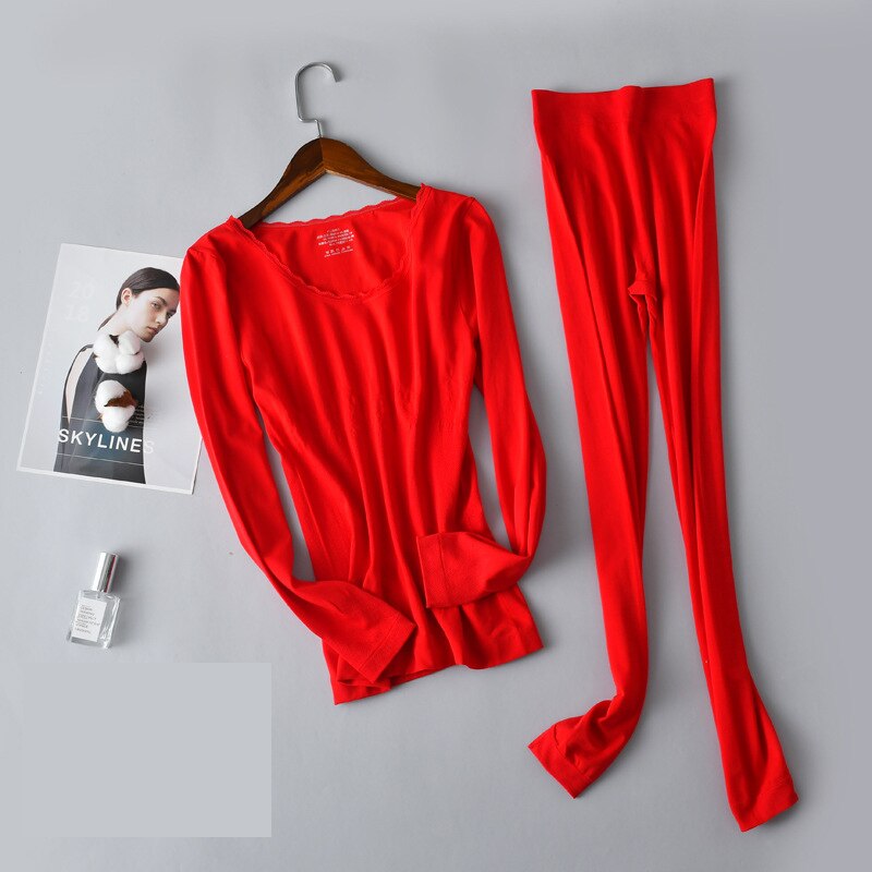 Autumn Lace Long Johns For Women Set Winter O-Neck Sexy Elastic Seamless Women's Thermal Underwear Female Second Skin: Red