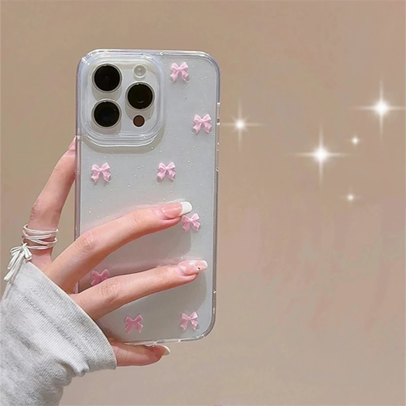 Funda de teléfono con lazo rosa para niña de Corea, funda transparente suave a prueba de golpes para iPhone 17 16 Pro Max 15 14 Plus 13 12 11 Pro 7 8 SE 2022: PC