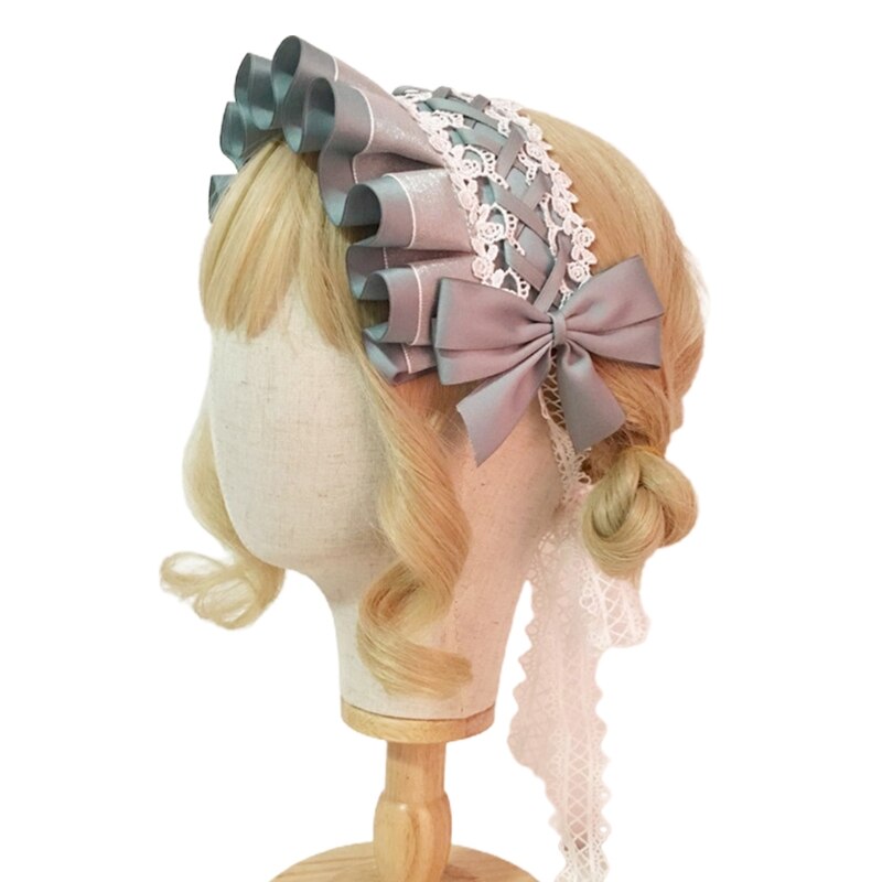 Lolita – coiffe japonaise de demoiselle Cosplay, bandeau à nœud papillon croisé à volants, doux ruban de dentelle florale, accessoire de cheveux de fête: A