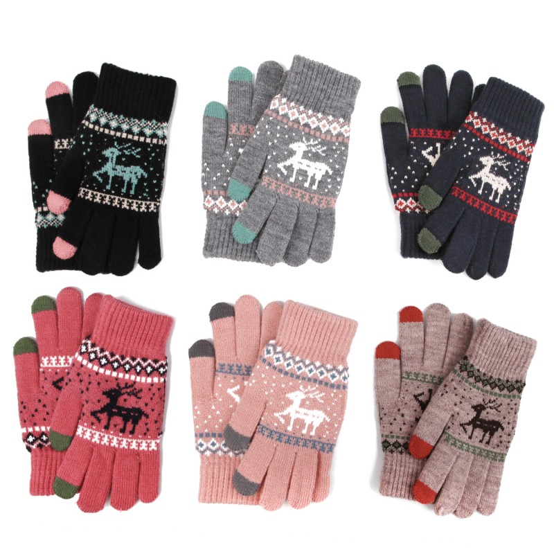Christmas Elk Printed Knitted Gloves Thicken Warm Winter Touchscreen Glove Women Girls Full Finger Gloves Outdoor Shopping