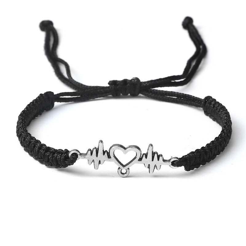 Goud Hartslag Cardiogram Armbanden Vrouwen Rood Zwart Touw Handgemaakte Weven Minnaar Sieraden Armband Speciale Cadeaus Voor Beste Vrienden: Black-silver