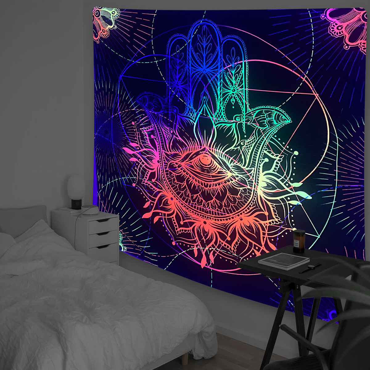 Tapiz de luz negra para colgar en la pared, Hippie psicodélico reactivo UV para dormitorio, decoración de habitación independiente: 200 x 200 cm / Marrón oliva