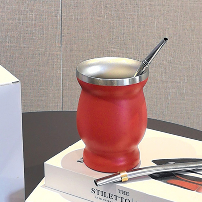 1 Set Yerba Mate Cup 304 Roestvrij Staal Dubbelwandige 8 Oz Yerba Mate Kalebas Cup Met Stro Lepel En Reinigingsborstel theewaar Sets: Dark Gray