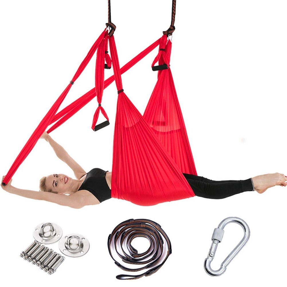 Full Set 2.5*1.5m Aerial Yoga Hammock Anti-Gravity Nylon Flying Swing Pilates Home GYM Hanging Belt Ceiling Plates: Red