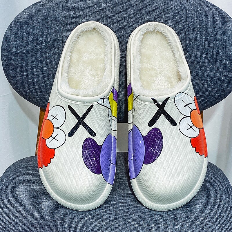 Mannen Thuis Klompen Winter Carton Afdrukken Slippers Pluche Warme Voering Vrouw Huis Warm Klompen Vrouwen schoen: Beige / 43