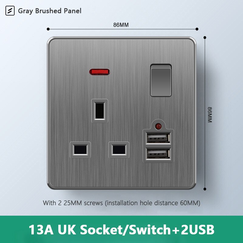 Avoir UK Standard 13A Wall Socket Black White Gray Plastic Embedded Panel Usb Socket With Switch 110-250V Two Britain Outlet: 1UK2U1GL-LLS