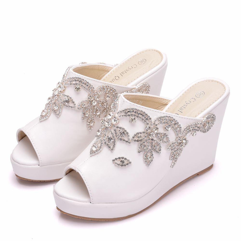 Cristal reina plata Diamante de imitación Peep Toe plataforma cuñas sandalias tacones altos zapatillas playa sandalias para mujer zapatos de boda