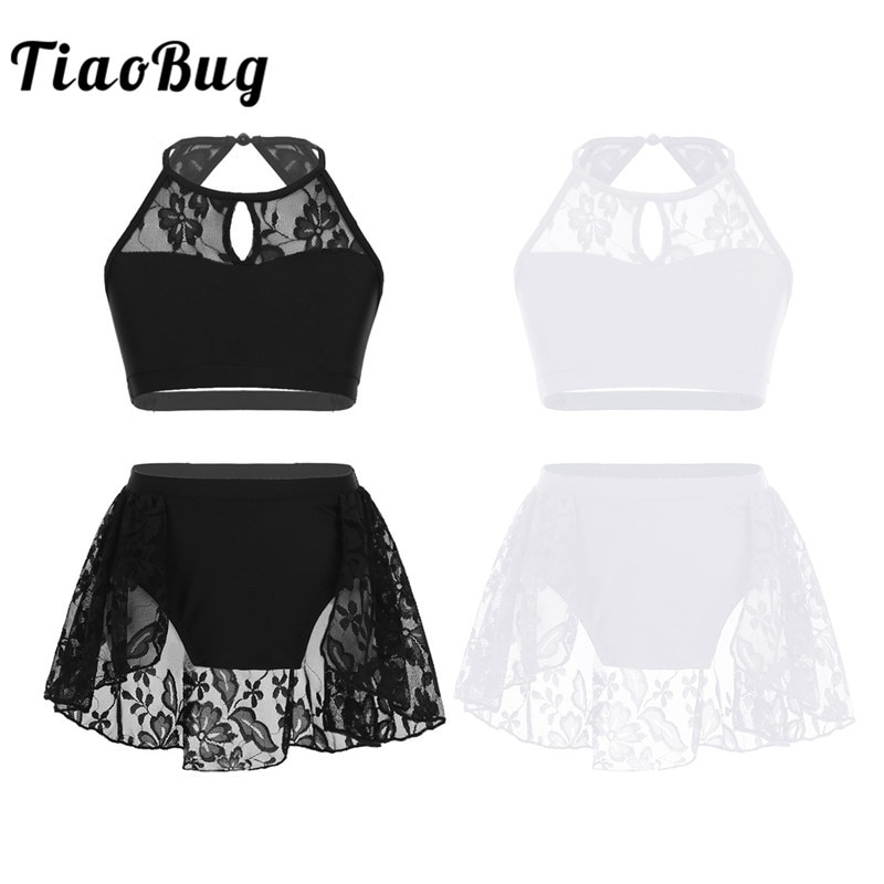 TiaoBug Kids Teens Halter Lace Splice Ballet Tutu Dance Wear Gymnastics Top Shorts Set Girls Contemporary Lyrical Dance Costume