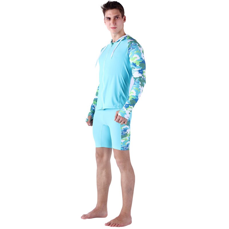 SABOLAY Compression Men's Rash Guard Swimsuit Hooded Shirt with Zipper UV Protection Long Sleeves Surfing shirts Swimwear shorts