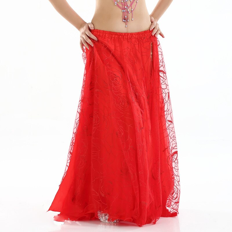 Nueva ropa de danza del vientre de las mujeres de 9 colores círculo completo Maxi falda Falda larga de pierna dividida 2 capas faldas de danza del vientre rosa