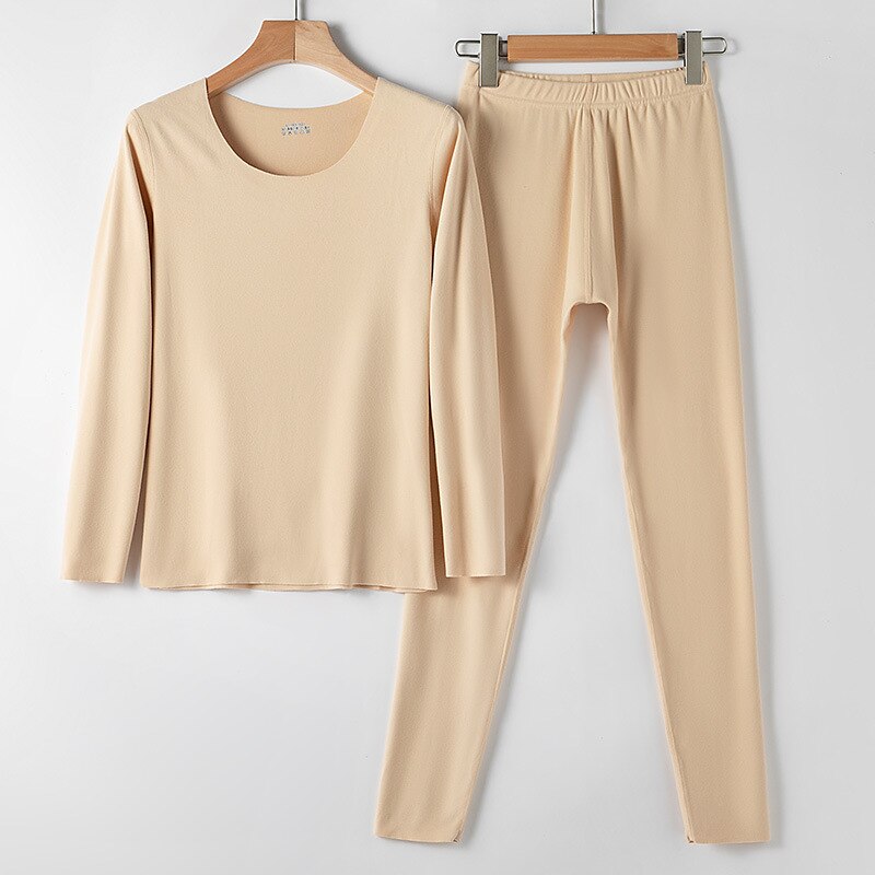Ropa interior térmica de terciopelo para mujer, conjunto de Calzoncillos largos sin costuras, cálida, de segunda piel, con cuello redondo