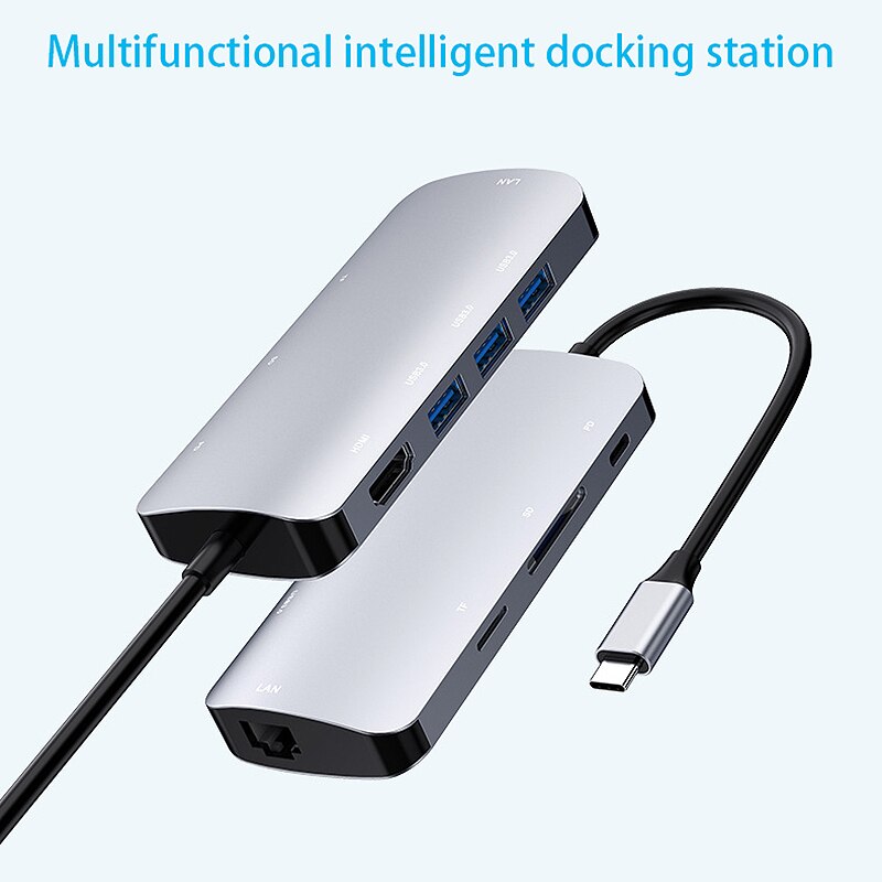 Type-C8 em 1 docking station, TYPE-C para pd + nic + tf/sd + 3 x usb3.0 + conversor de interface hdmi