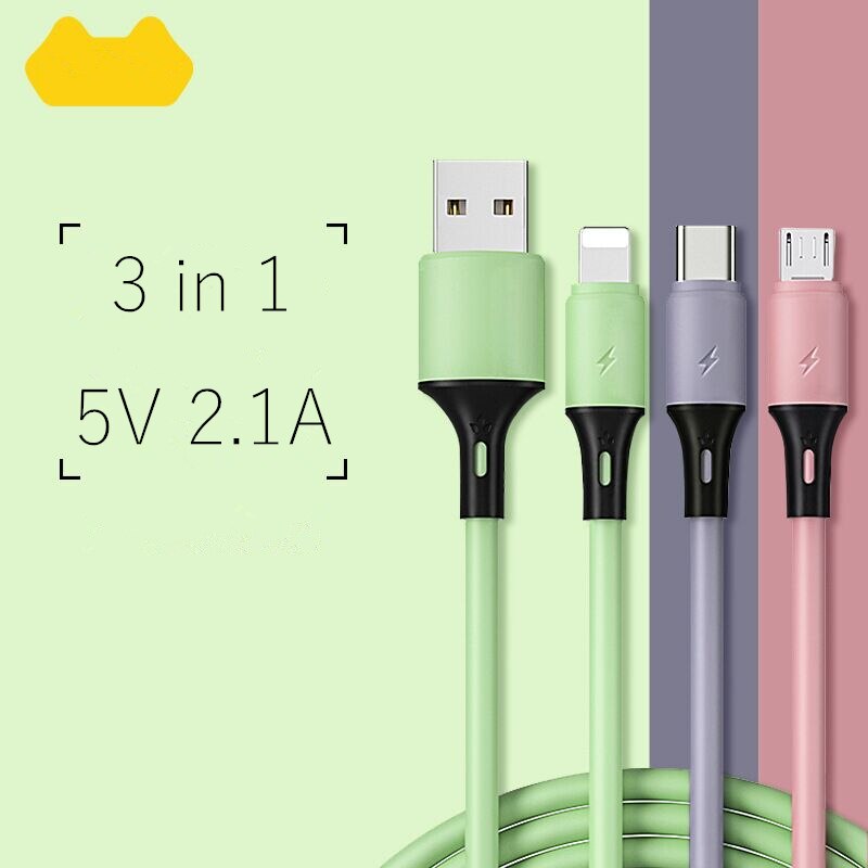 Grøn ,5v,2.1a,1.2m kan vaskes ,3 in 1 usb type c ios kabel hurtig opladning mobiltelefon usb-c oplader type-c data til telefoner