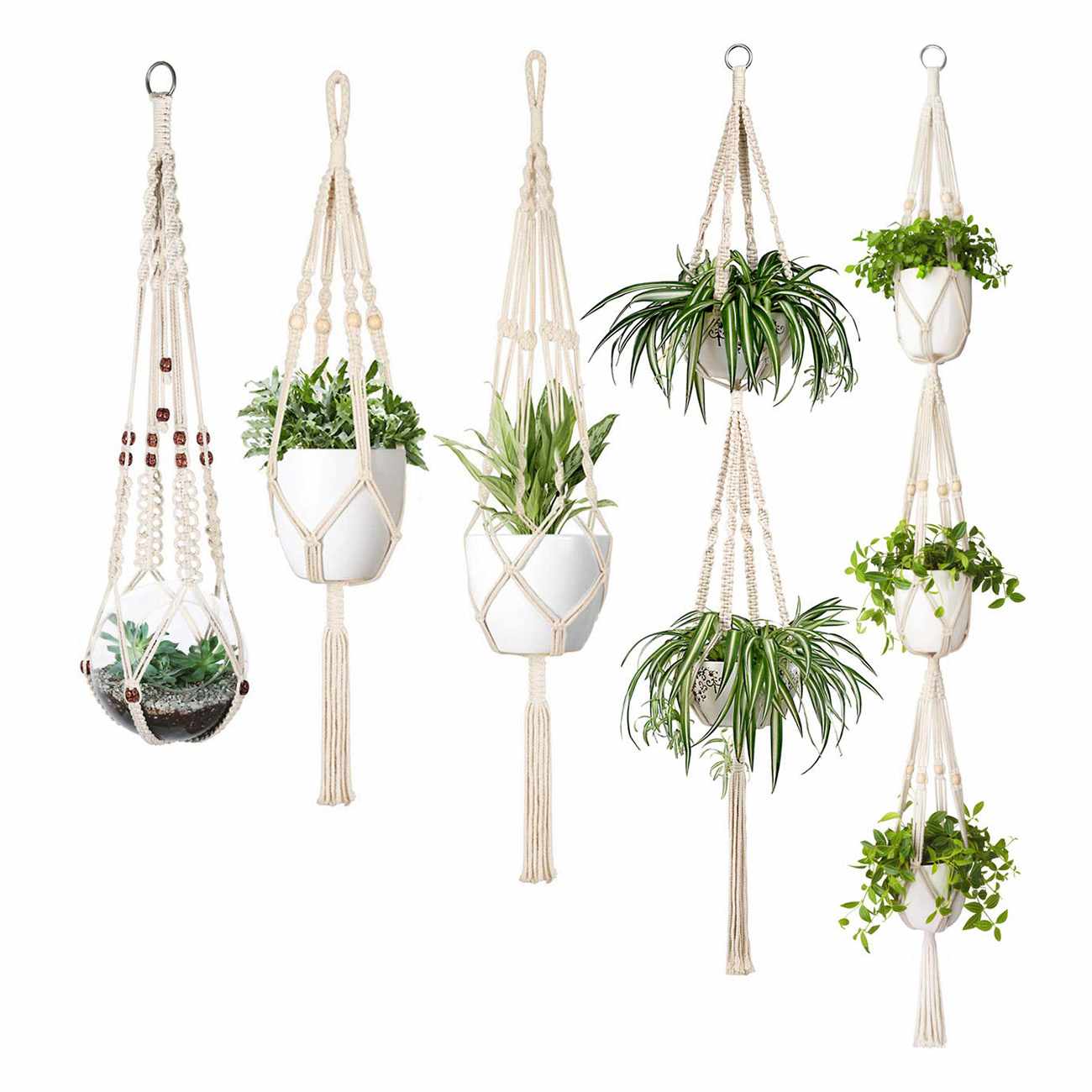 Colgador de macramé para plantas, juego de 5 macetas colgantes de pared para interior, cesta, soporte para maceta, decoración Bohemia para el hogar: Default Title