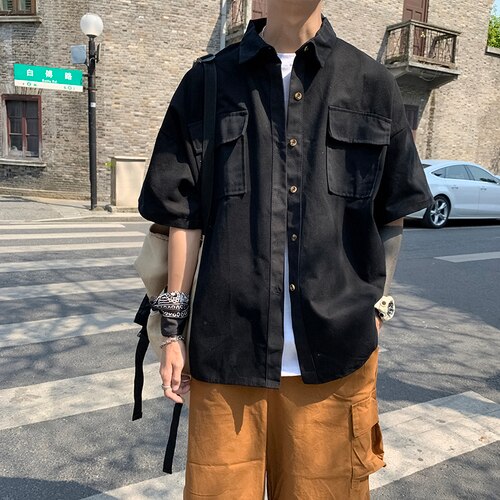 saferido Black Plaid Shirts Men Summer Loose Breathable Teens All-match Trendy Korean Fashion BF Simple Tops Streetwear Harajuku Camisas main image 1