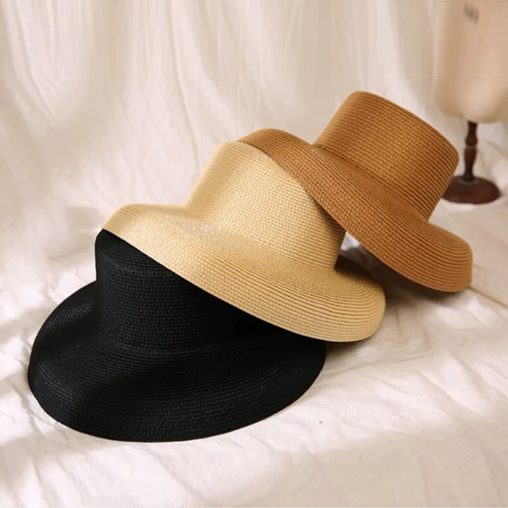 Sorte solhatte bucket cap til kvinder sommer stråhat flad top kvindelig strandhat panama hatte chapeu feminino